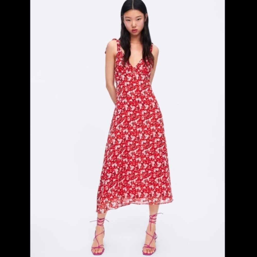 Zara Red Floral Tie Strap Chiffon Dress